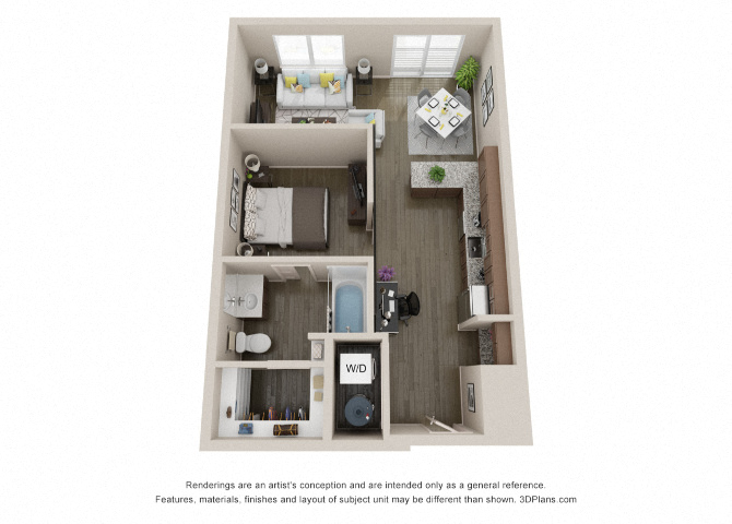 Floor plan for 1 bed, 1 bath, 681 sqft